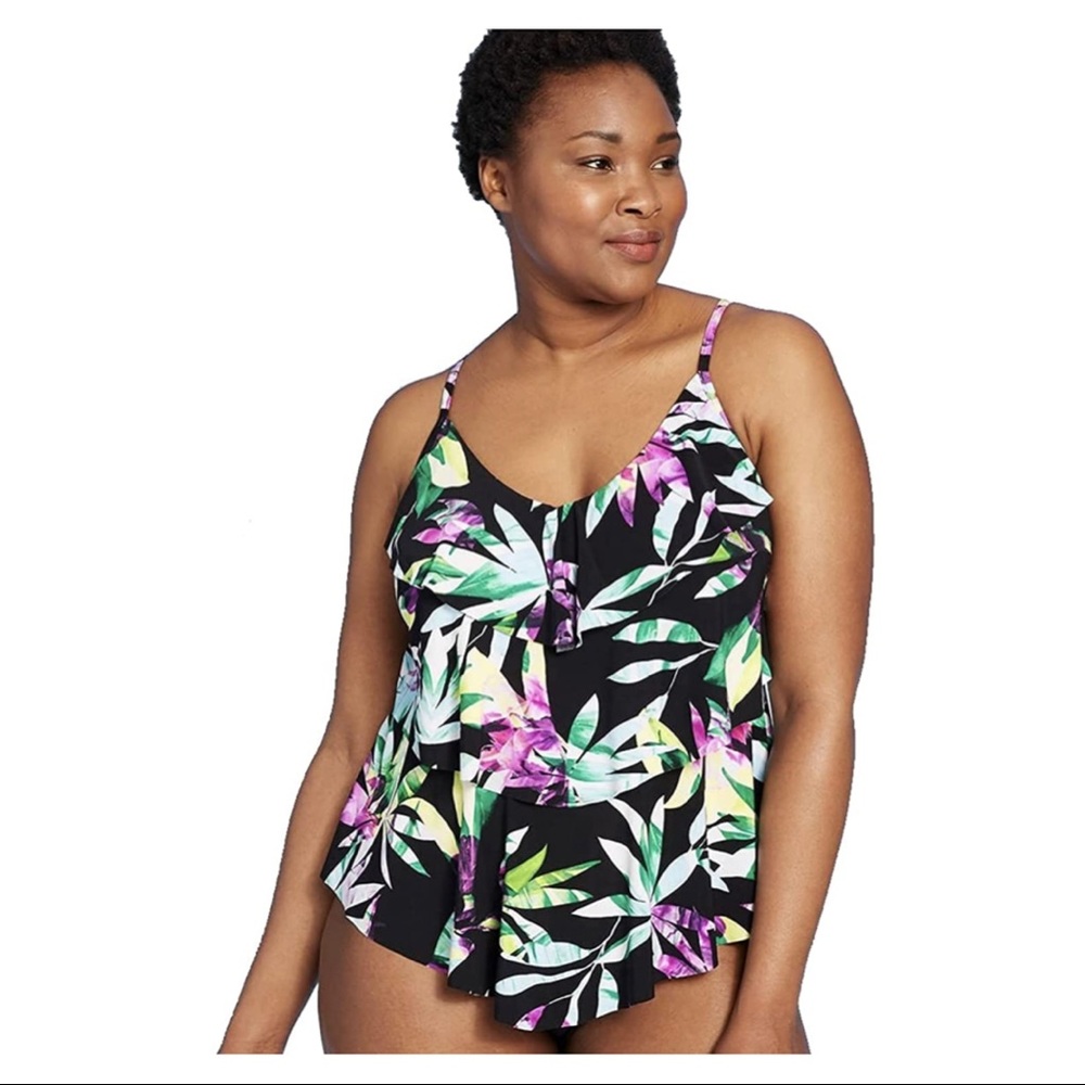 NWT Aqua Green Green Leaf Print Tiered Tankini Top